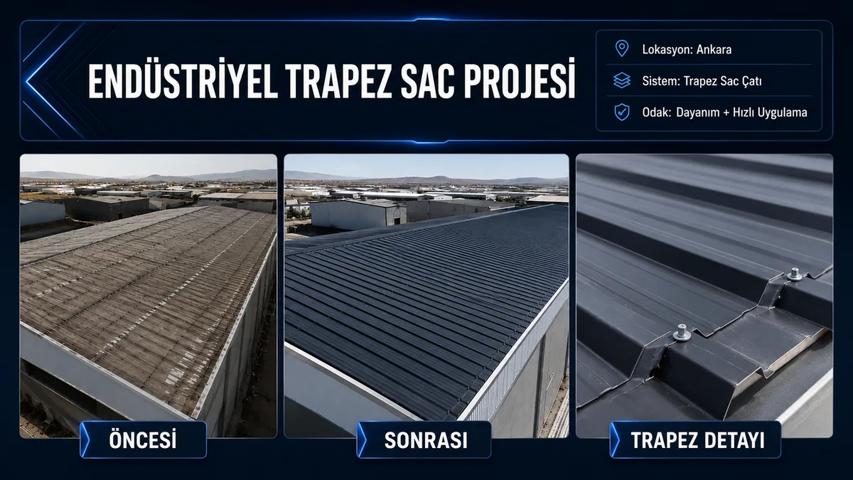 Ankara endüstriyel trapez sac çatı projesinde yıpranmış çatı öncesi, antrasit trapez sac sonrası ve vida birleşim detayı