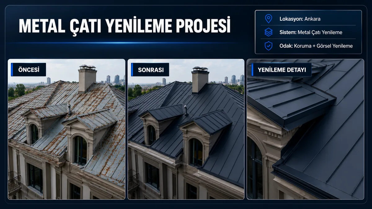 Ankara metal çatı yenileme projesinde paslı çatı öncesi, antrasit kaplama sonrası ve yenileme birleşim detayı