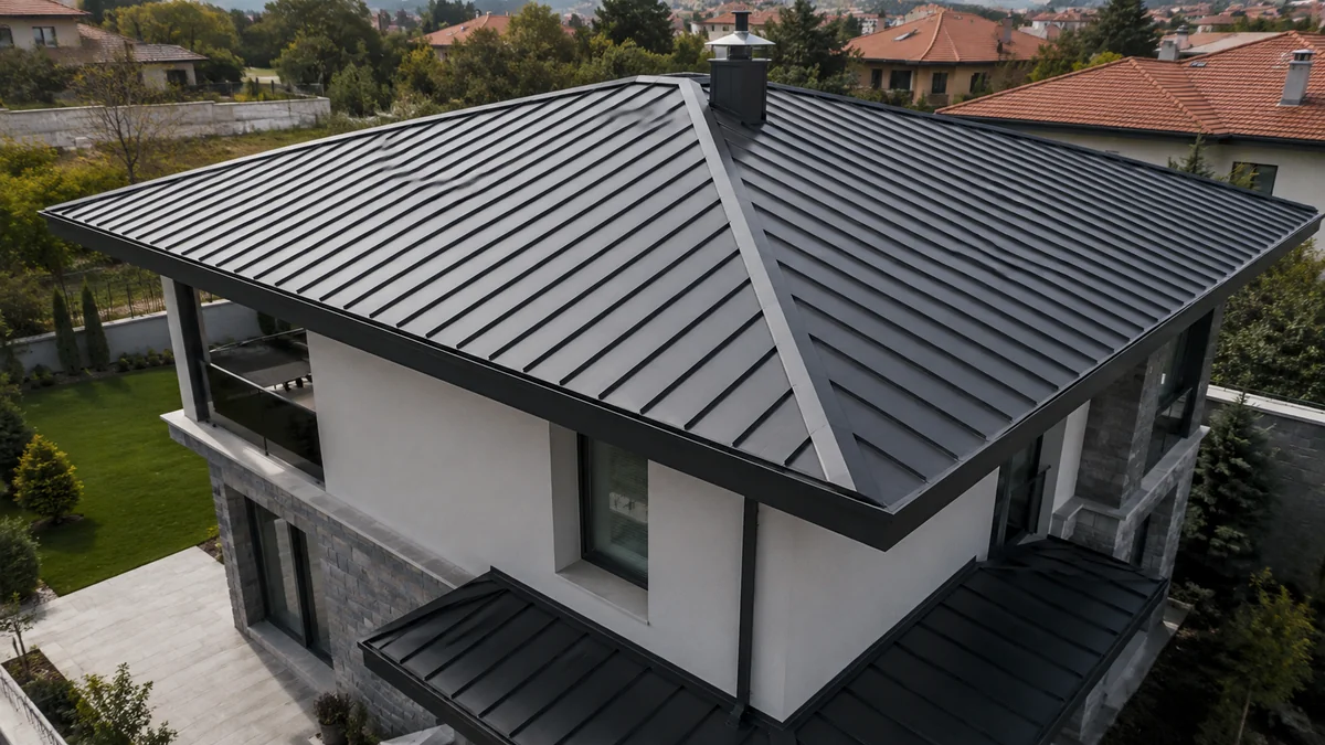 Villa tipi kenet çatı uygulama senaryosu ana görseli Ankara’da antrasit kenet çatı kaplamalı modern villa görünümü