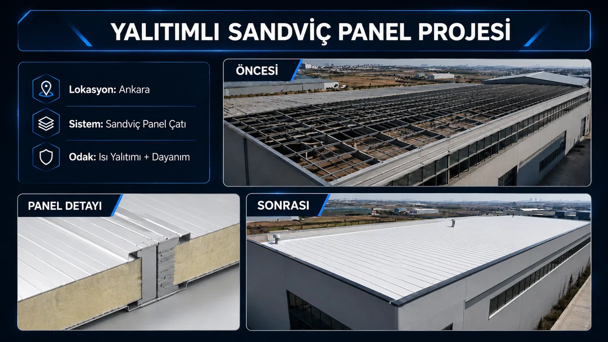 Ankara yalıtımlı sandviç panel çatı projesinde taşıyıcı yüzey öncesi, beyaz panel sonrası ve panel birleşim kesiti