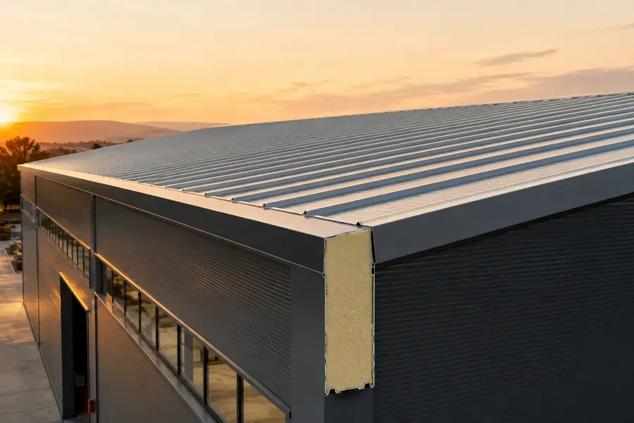 Sandviç Panel Sistemleri teknik görseli Çatı sandviç paneli metal yüzey, yalıtım çekirdeği ve kilit birleşimi — teknik açıklama görseli