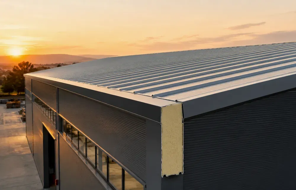 Yalıtımlı sandviç panel katmanları uygulama detayı Çatı sandviç paneli metal yüzey, yalıtım çekirdeği ve kilit birleşimi detay görünümü — sistem karar ve uygulama detayı