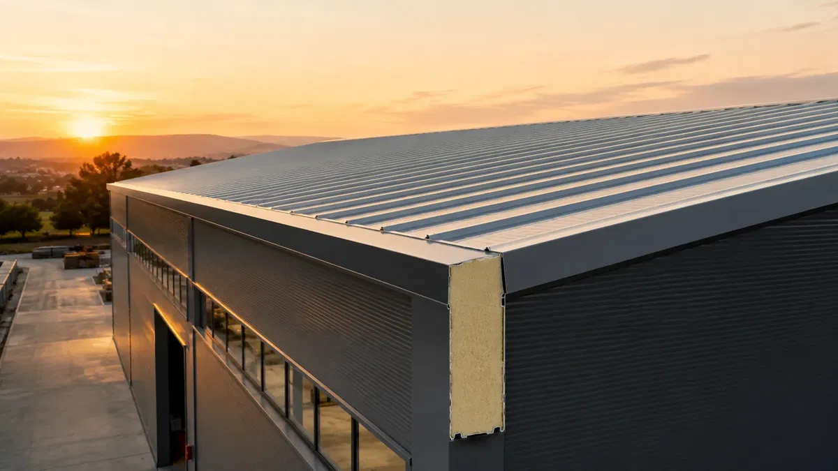Sandviç Panel Sistemleri ana görseli Yalıtımlı sandviç panel çatı sistemi ve panel birleşimi — özgün teknik görselleştirmesi